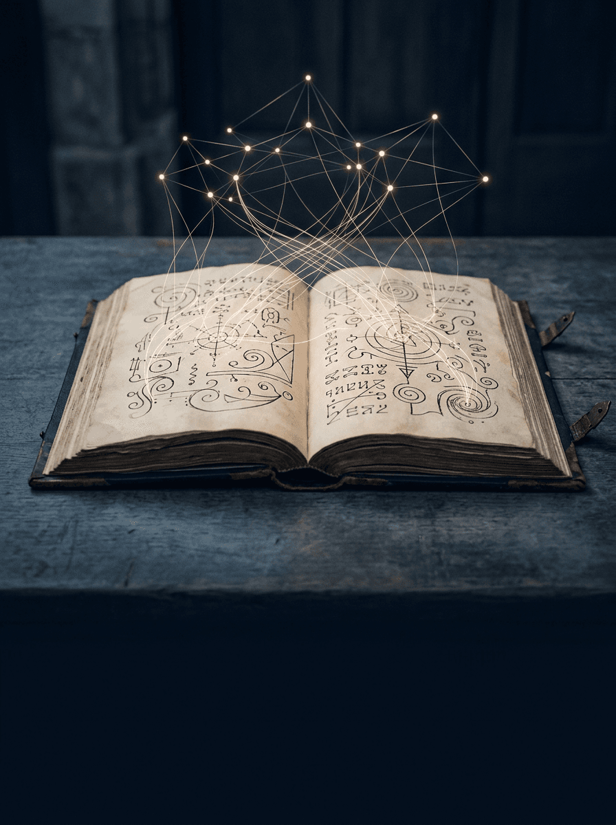 An open manuscript with threads of light rising from its pages into a constellation of connected points