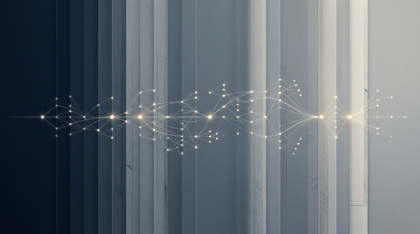 An abstract timeline of connected glowing nodes threading left to right across cool architectural strata
