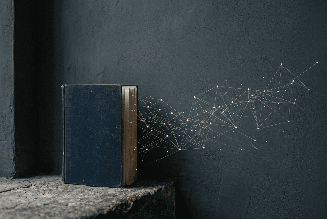 A cloth-bound book on a stone ledge, its pages dissolving into a constellation of connected points of light